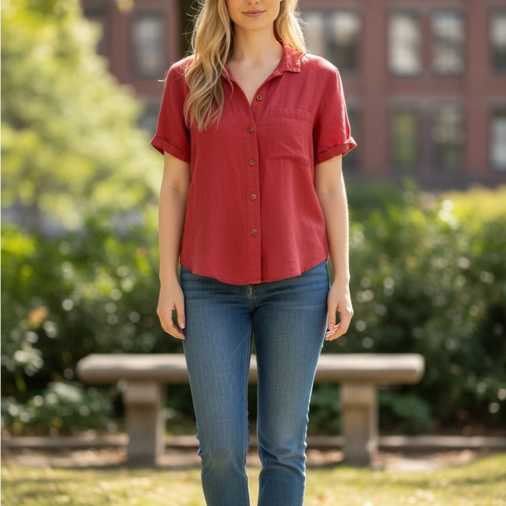 Maeve Anthropologie Red Linen Camp Top
